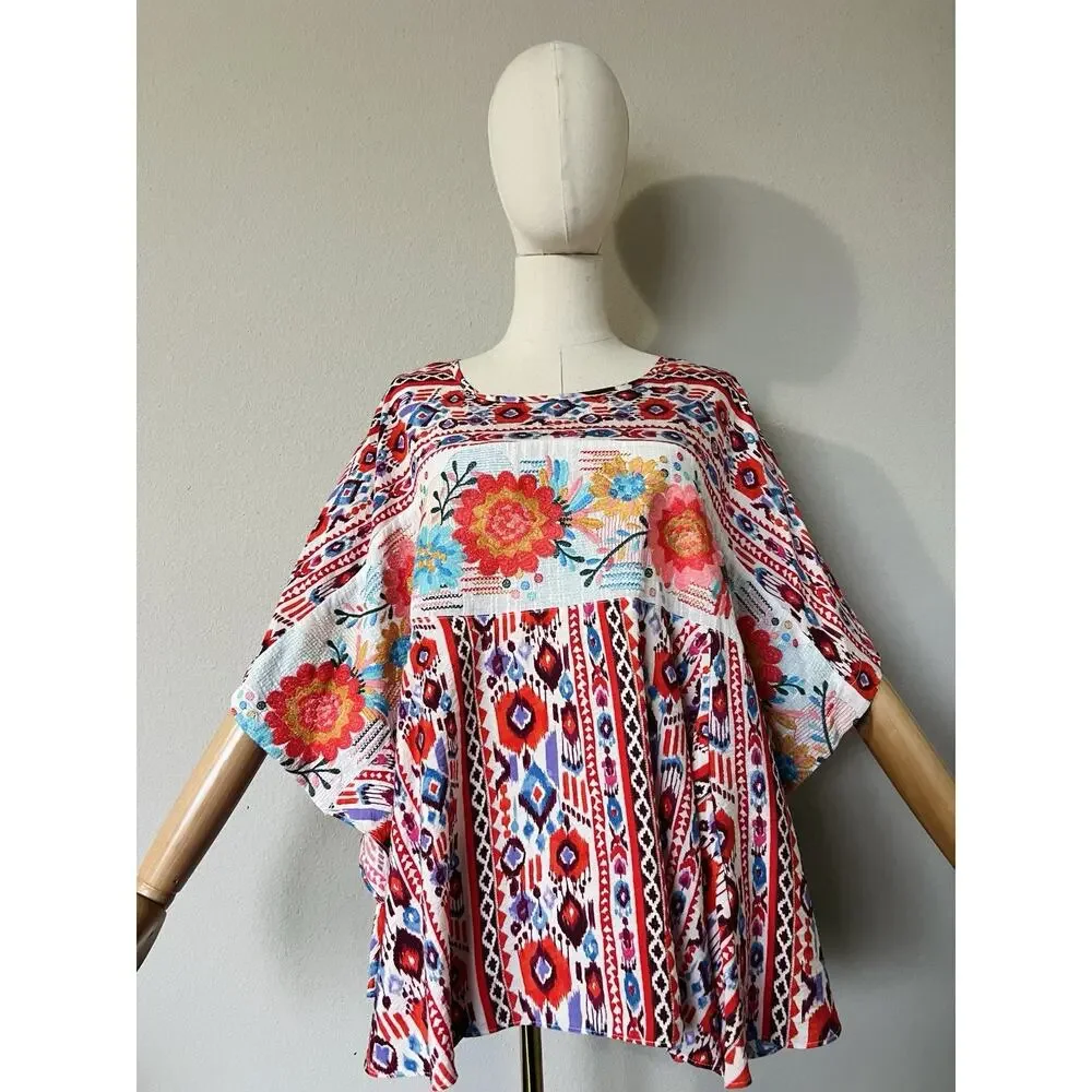 SAVANNA JANE Women's Floral Embroidered Poncho Tunic Top Red Blue Size M/L - Picture 6 of 16